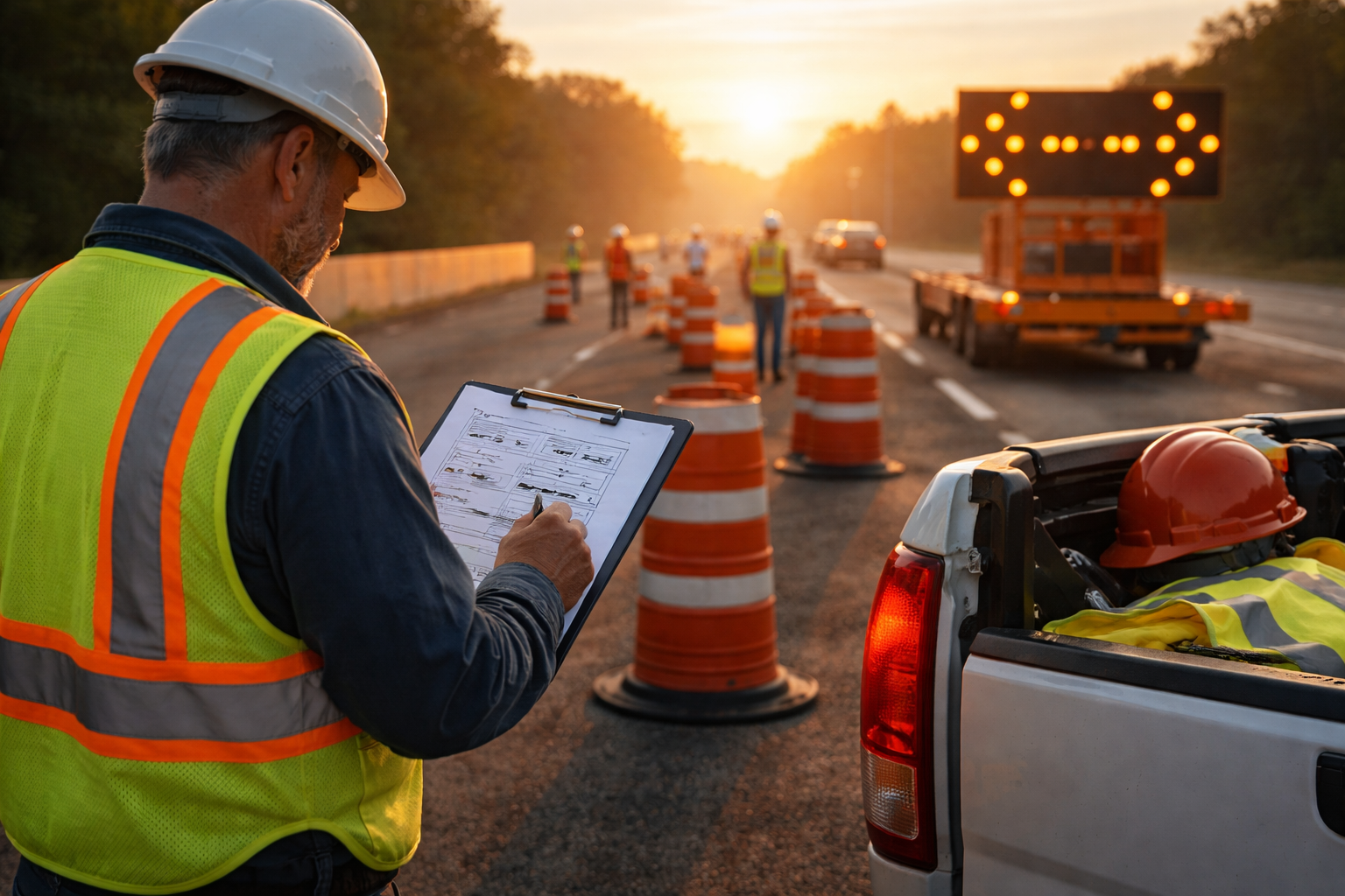 Supervisor reviewing a traffic control plan checklist before installing an Illinois work zone lane closure