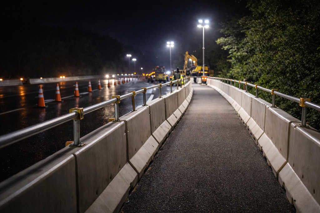 pedestrian routing for night work zone traffic control with illuminated temporary walkway and continuous barriers