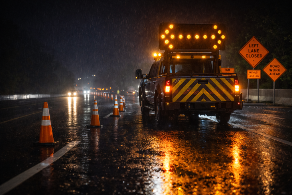 arrow board visibility at night for night work zone traffic control with wet pavement reflections