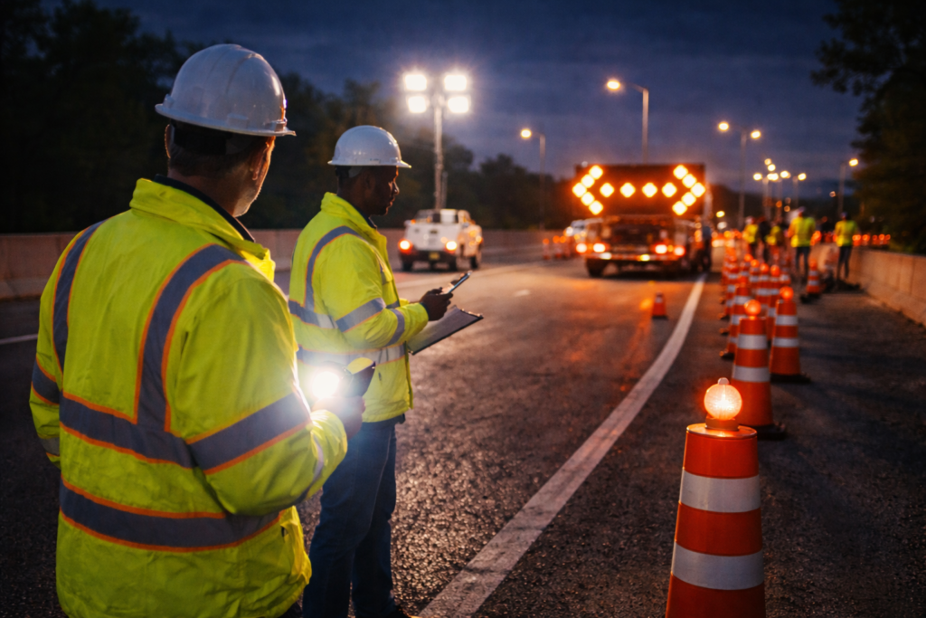 temporary traffic control plan inspection during nighttime lane closure with cones and arrow board