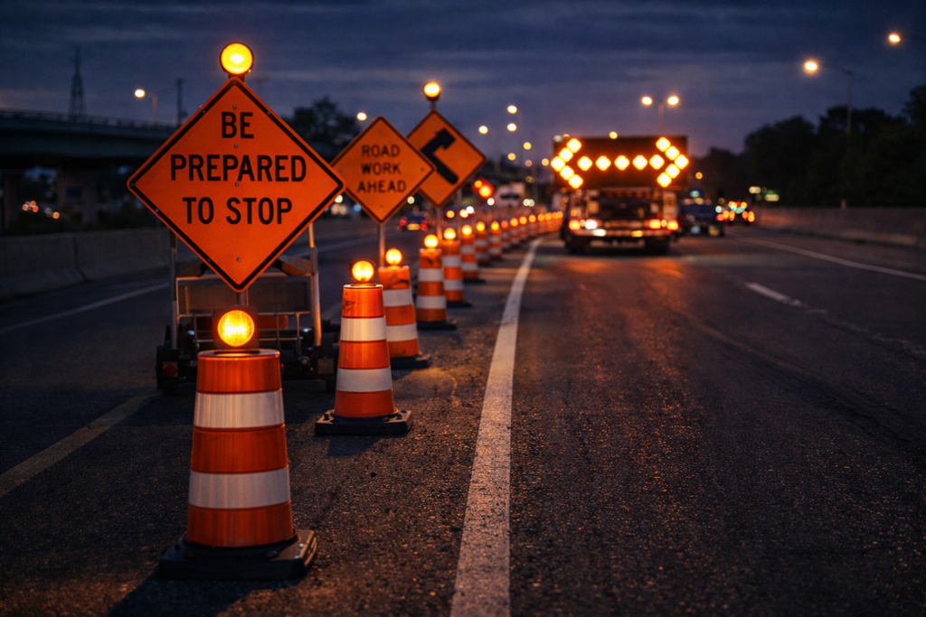 temporary traffic control plan lane closure taper with cones and arrow board truck at night