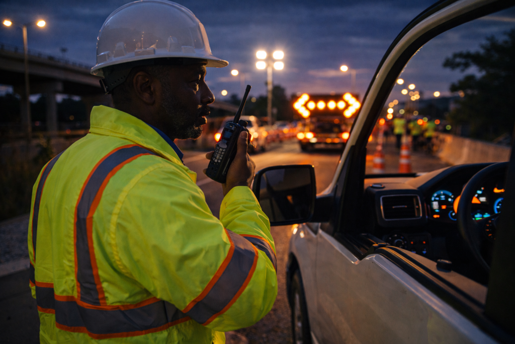temporary traffic control plan supervisor coordinating lane closure with radio at night work zone