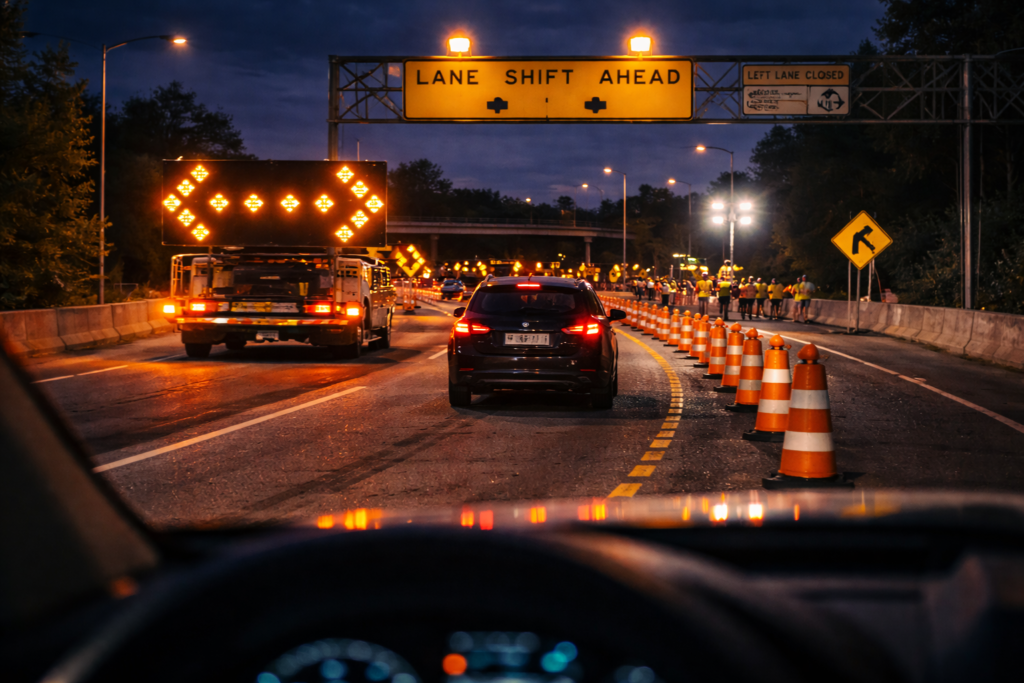 temporary traffic control plan night lane shift with cones arrow boards and construction lighting