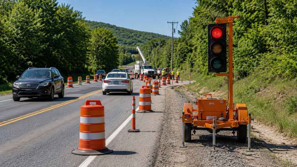 traffic control for utility work using portable traffic signals on a roadside repair project