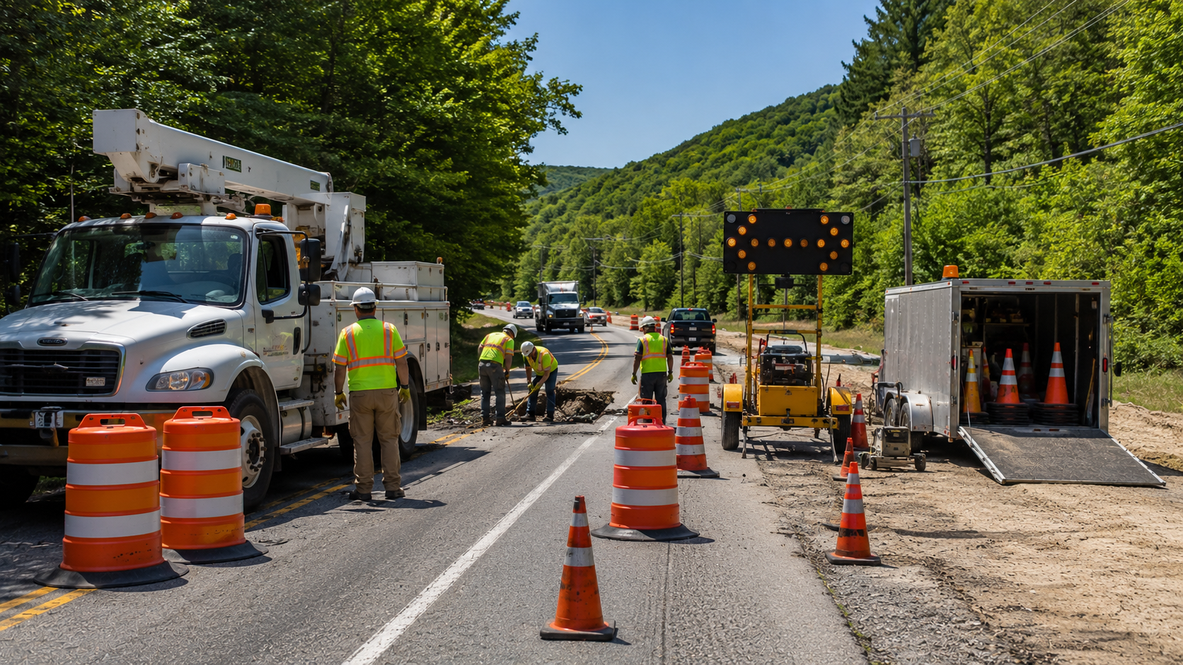 traffic control for utility work with roadside utility crew and lane closure devices