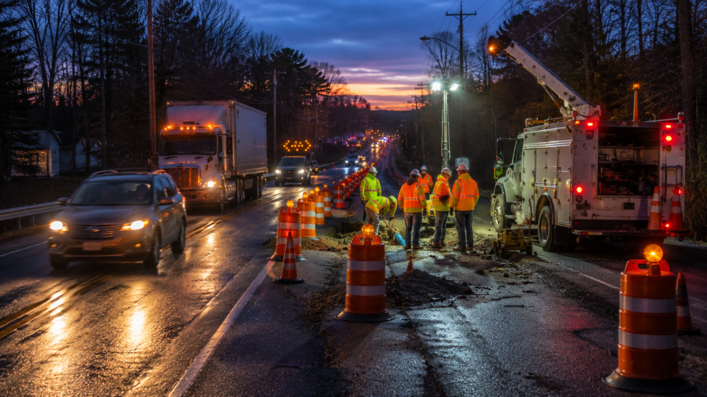 traffic control for utility work during emergency nighttime roadside repairs