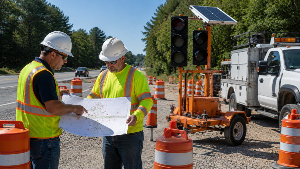 traffic control for utility work planning with utility supervisor and portable signal equipment